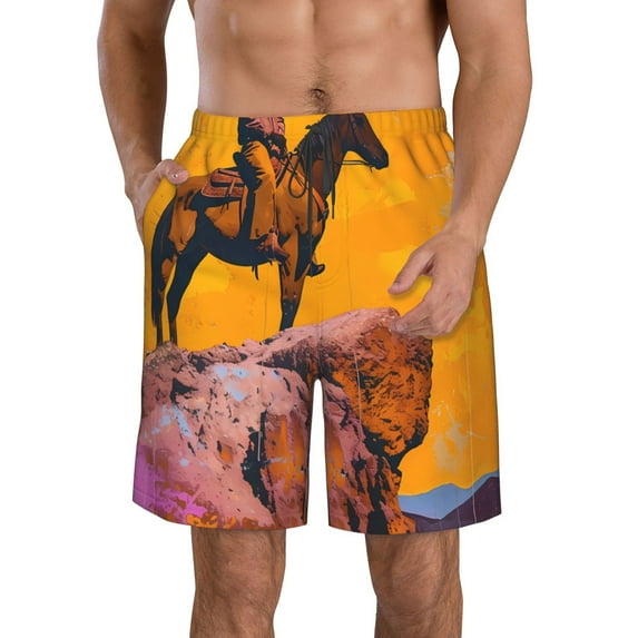 Cauagu Cliff Western Cowboy Print Men's Swim Trunks,Hawaiian Bathing Suit Swimsuits Beach Shorts with Pockets for Men Quick Dry Swimming Board Shorts-3X-Large