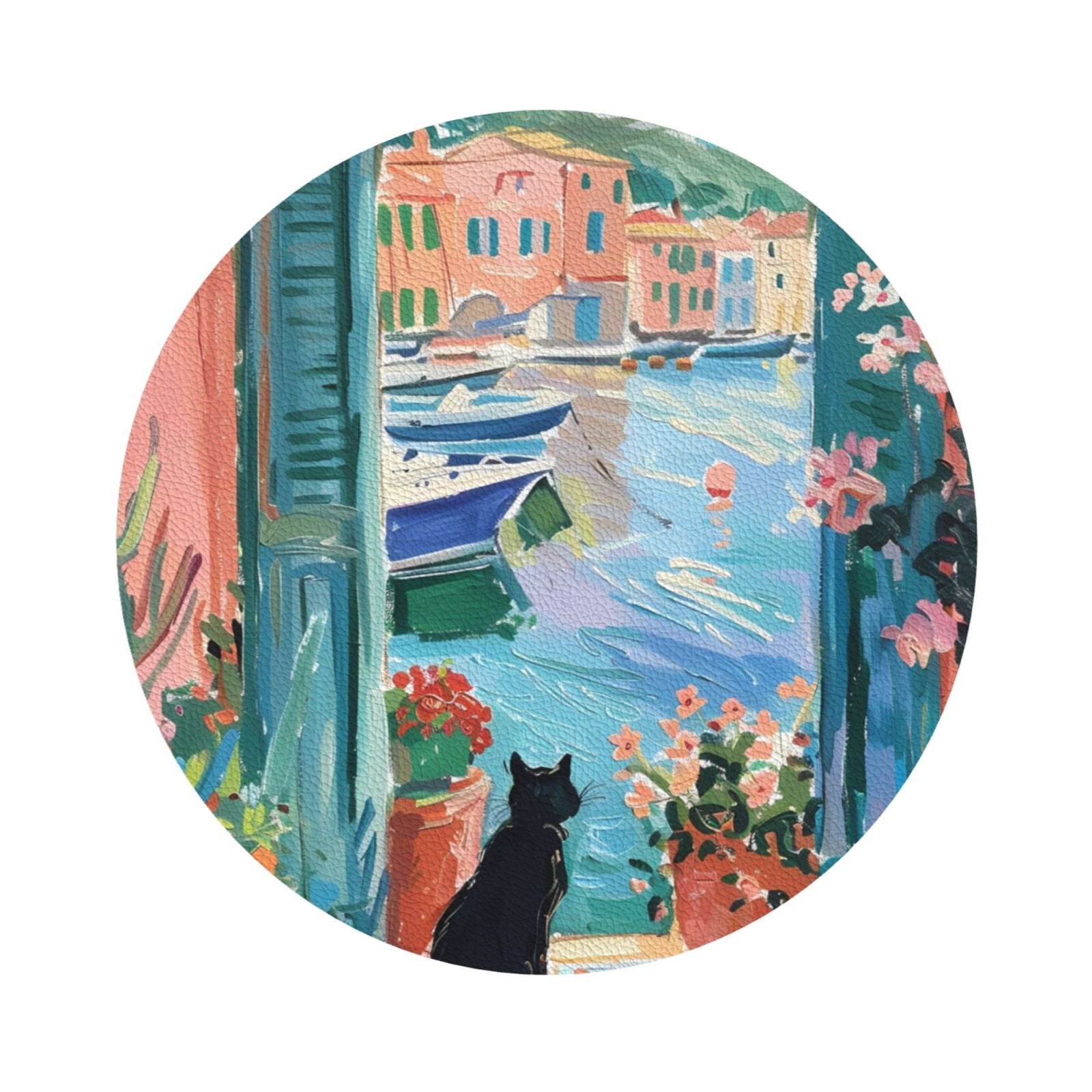 Cauagu Coastal Cat By The Window for Round Coaster,Drink Coasters Set