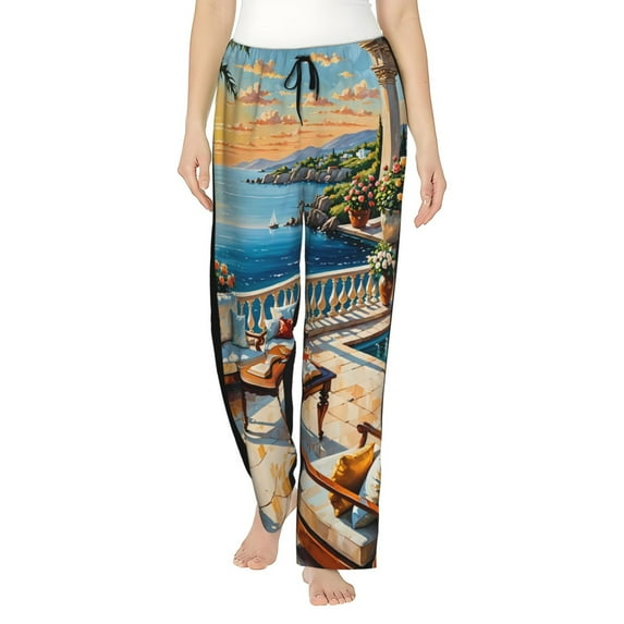 Cauagu Coastal Style Garden Villa Pajama Pants for Women Loose Fit Wide Leg Trouser Pants Casual Elastic Waist Drawstring Lounge Pants