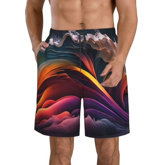 Cauagu Colorful Abstract Wave Motion Print Men's Swim Trunks,Hawaiian Bathing Suit Swimsuits Beach Shorts with Pockets for Men Quick Dry Swimming Board Shorts-Large