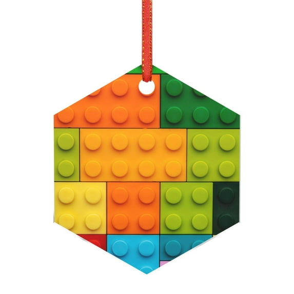 Cauagu Colorful Building Blocks Pattern Acrylic Christmas Pendant,1-Pack Christmas Ornaments Xmas Tree Decor Christmas Décor with Ribbon Cute Tree Hanging for Party Favors-Hexagon
