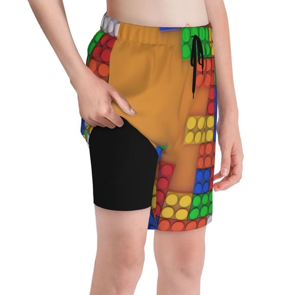 Cauagu Colorful Building Blocks A Print Swim Trunks for Men,Youth Boys Swim Shorts Compression Liner Beach Shorts Boys' Swimming Shorts 7-20 Years Bathing Suit-Medium