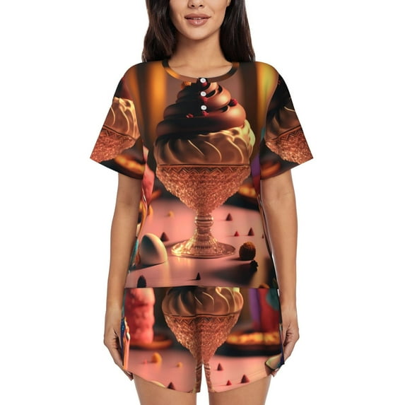 Cauagu Colorful Cake Ice Cream for Women's Round Neck Pajama Set,Short-Sleeved Pajamas Soft Sleepwear Set Summer Pajamas Set Lounge Sets 2-Piece Pj-X-Large