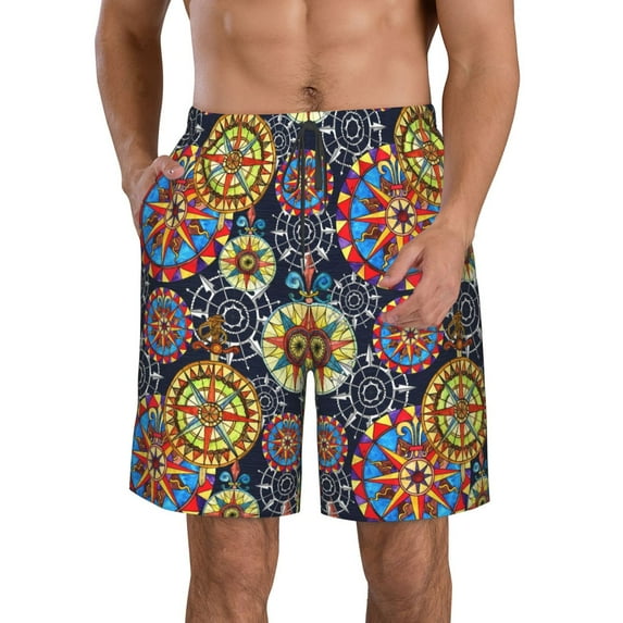 Cauagu Colorful Compasses Print Men's Swim Trunks,Hawaiian Bathing Suit Swimsuits Beach Shorts with Pockets for Men Quick Dry Swimming Board Shorts-3X-Large