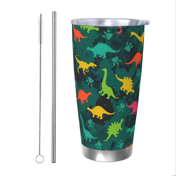 Cauagu Colorful Dinosaurs Pattern 20oz Tumbler,Stainless Steel Vacuum Insulated Tumbler with Lid Insulated Coffee Mug Thermal Cup with Splash Proof Sliding Lid-Straw Two-piece Set