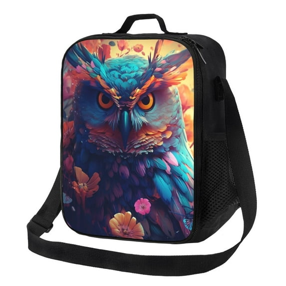 Cauagu Colorful Feather Owl Insulated Lunch Bag - Reusable Lunch Box Thickened Thermal Leakproof Lunch Tote Bag for Adult Office/Travel Picnic