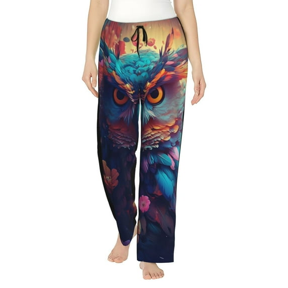 Cauagu Colorful Feather Owl Pajama Pants for Women Loose Fit Wide Leg Trouser Pants Casual Elastic Waist Drawstring Lounge Pants