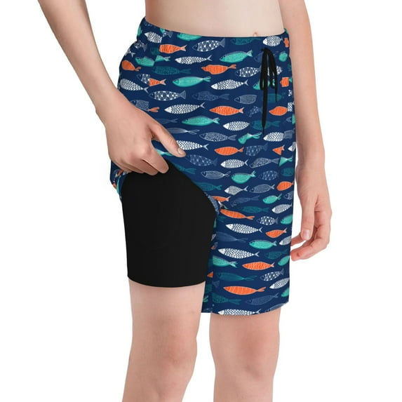 Cauagu Colorful Fish 3 Print Swim Trunks for Men,Youth Boys Swim Shorts Compression Liner Beach Shorts Boys' Swimming Shorts 7-20 Years Bathing Suit-Medium