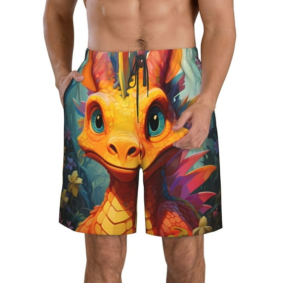Cauagu Colorful Flower Chameleon Print Men's Swim Trunks,Hawaiian Bathing Suit Swimsuits Beach Shorts with Pockets for Men Quick Dry Swimming Board Shorts-Medium