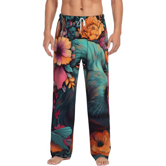 Cauagu Colorful Flower Dog A Mens Pajama Pants Sleep & Lounge Pants,PJ Bottoms with Pockets-Large