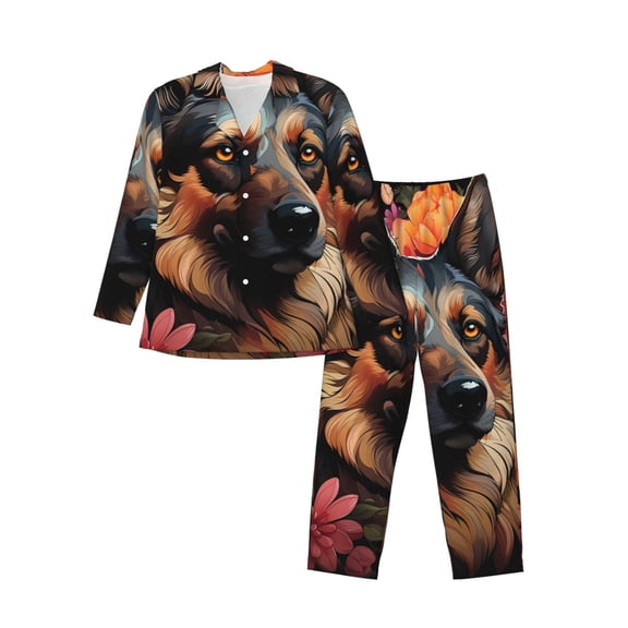 Cauagu Colorful Flower German Shepherd Print Men's Long-Sleeve Pajama Set,Soft Button-Front 2Pjs for Men Long Sleeve Men’s Sleepwear-X-Large
