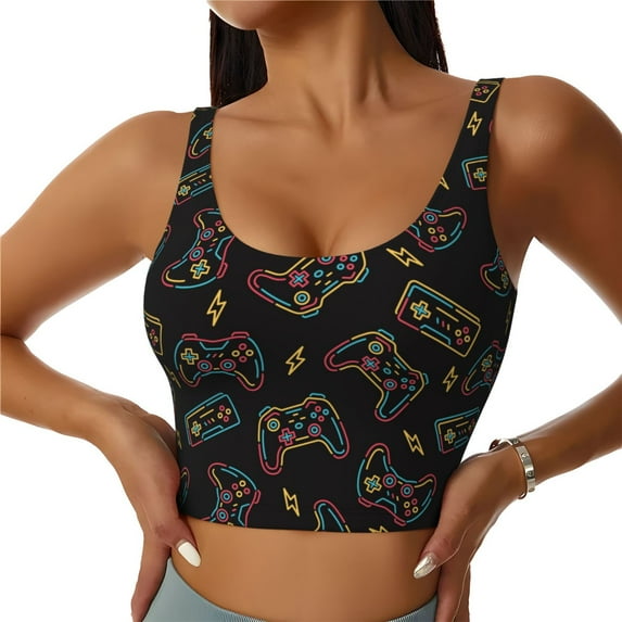 Cauagu Colorful Game Controller Pattern Sports Bras for Women,Round Neck Sports Bra Workout Crop Tank Tops Padded with Built in Shelf-Large