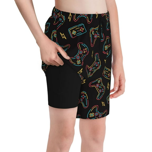 Cauagu Colorful Game Controller Print Swim Trunks for Men,Youth Boys Swim Shorts Compression Liner Beach Shorts Boys' Swimming Shorts 7-20 Years Bathing Suit-Large