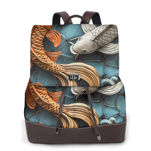 Cauagu Colorful Koi Fish Art Print Women's PU Leather Backpack,Fashion Multipurpose Design Handbag Stylish Purse Ladies Shoulder Bags Travel Backpack