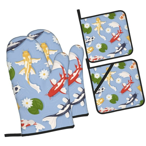 Cauagu Colorful Koi Fish Print Oven Mitts and Pot Holders 4 pcs Set,Extra Thicken Long Kitchen Oven Glove Potholders BBQ Gloves-Oven Mitts and Pot Holders(11 Inch)