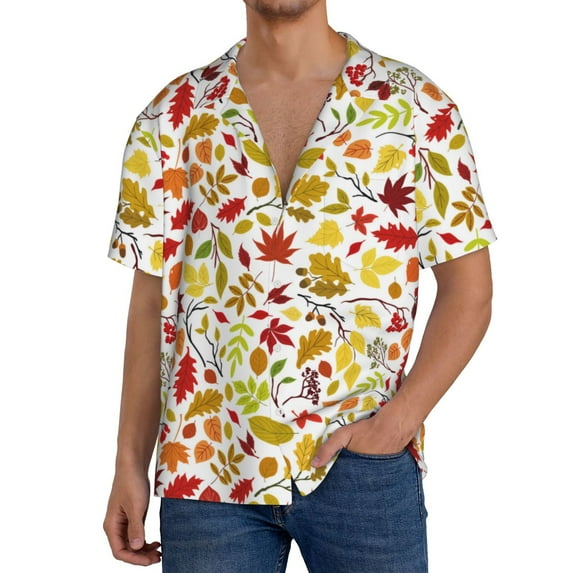 Cauagu Colorful Leaves Men's Short Sleeve Button Down Hawaiian Shirt for Men Bowling Shirts Casual Summer Beach Shirt,Large
