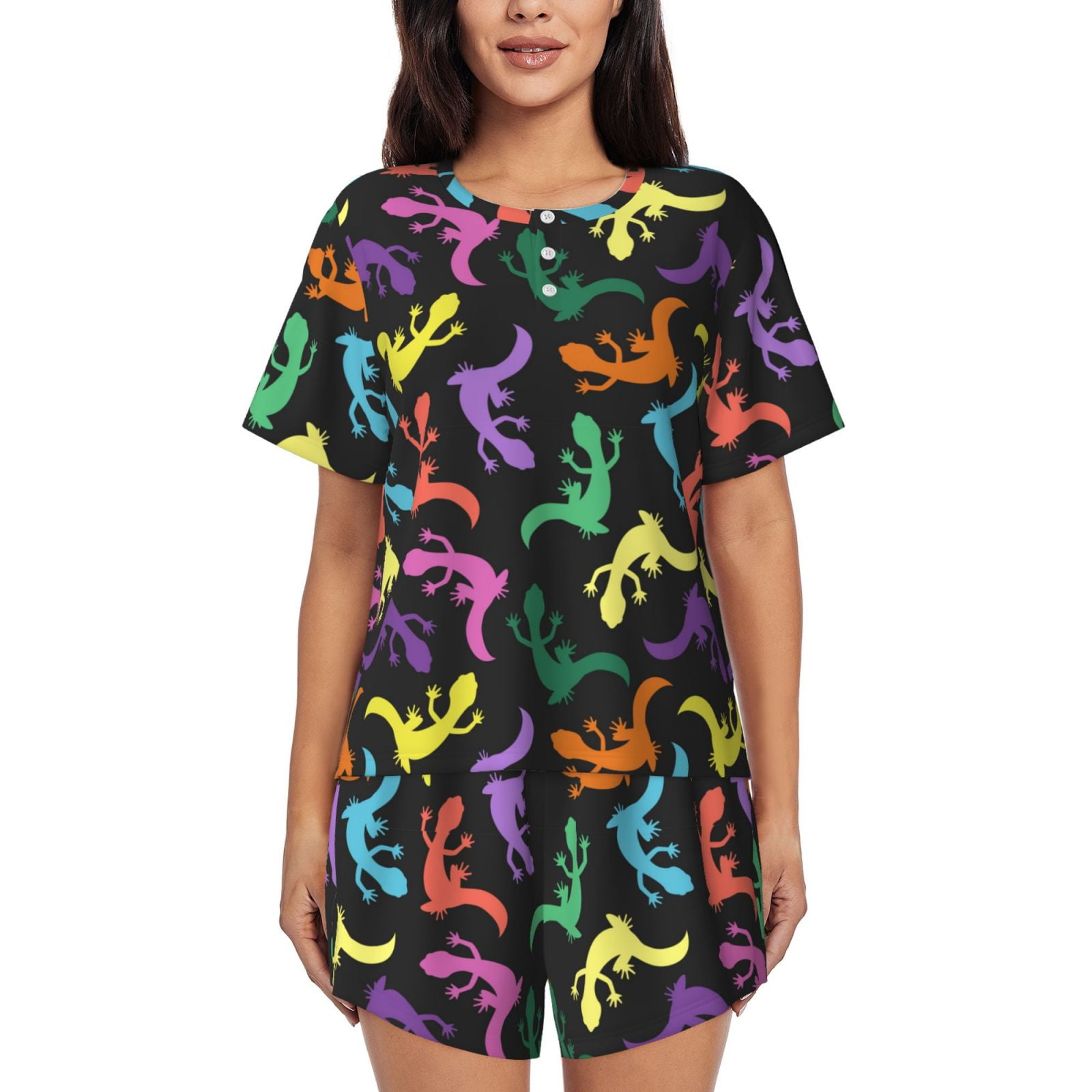 Cauagu Colorful Lizards for Women's Round Neck Pajama Set,ShortSleeved