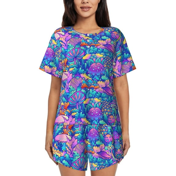 Cauagu Colorful Mushrooms for Women's Round Neck Pajama Set,Short-Sleeved Pajamas Soft Sleepwear Set Summer Pajamas Set Lounge Sets 2-Piece Pj-3X-Large