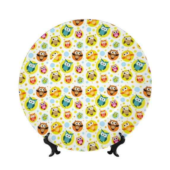 Cauagu Colorful Owls 1 Print Bone China Decorative Plate, Wall Mount Plate Holiday Decor Decorative Ceramic Plates with Stand Elegant Household Plates Decorative-8in
