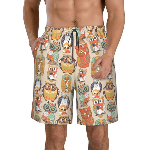 Cauagu Colorful Owls Print Men's Swim Trunks,Hawaiian Bathing Suit Swimsuits Beach Shorts with Pockets for Men Quick Dry Swimming Board Shorts-3X-Large