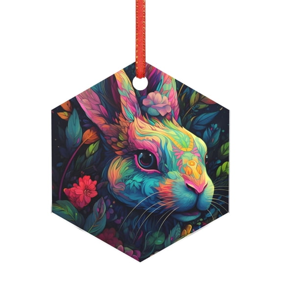 Cauagu Colorful Patterned Rabbit Pattern Acrylic Christmas Pendant,1-Pack Christmas Ornaments Xmas Tree Decor Christmas Décor with Ribbon Cute Tree Hanging for Party Favors-Hexagon