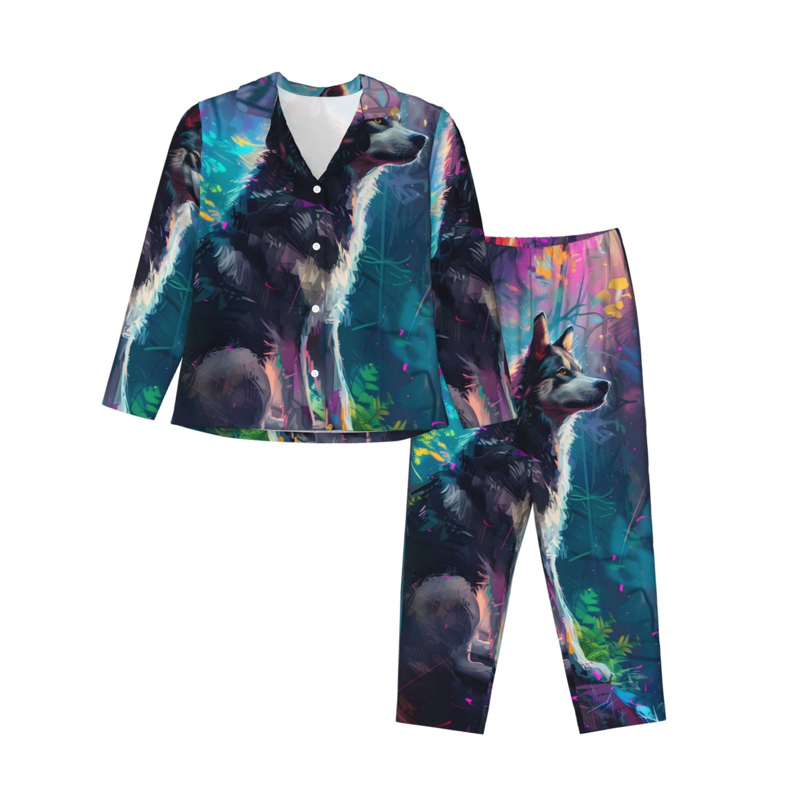 Cauagu Colorful Plant Wolf Print Women's LongSleeve Pajamas Set Soft