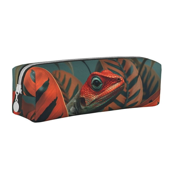 Cauagu Colorful Reptile And Leaves Print Leather Pencil Pen Case - Stationery Bag Portable Stationery Bag Big Capacity Pencil Pouch Cosmetic Organizer Bag for Men & Women
