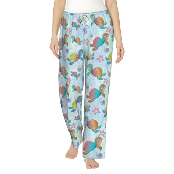 Cauagu Colorful Sea Turtle Pajama Pants for Women Loose Fit Wide Leg Trouser Pants Casual Elastic Waist Drawstring Lounge Pants