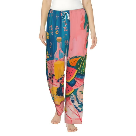 Cauagu Colorful Summer Fruit Table Pajama Pants for Women Loose Fit Wide Leg Trouser Pants Casual Elastic Waist Drawstring Lounge Pants