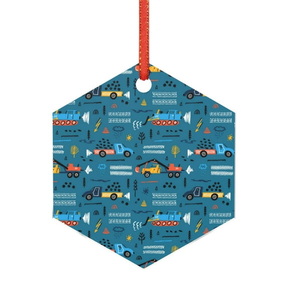 Cauagu Construction Trucks Pattern Acrylic Christmas Pendant,1-Pack Christmas Ornaments Xmas Tree Decor Christmas Décor with Ribbon Cute Tree Hanging for Party Favors-Hexagon