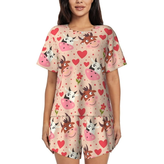 Cauagu Cow Flower And Heart for Women's Round Neck Pajama Set,Short-Sleeved Pajamas Soft Sleepwear Set Summer Pajamas Set Lounge Sets 2-Piece Pj-3X-Large