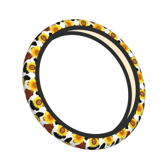 Cauagu Cow Print Sunflower Print Car Steering Wheel Cover - Universal Car Accessory for Diverse Cars for Steering Wheel with a Diameter of 14.5"-15"