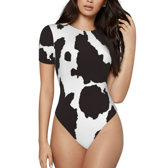 Cauagu Cow Skin 2 Women's Crew Neck Round Short Sleeve T Shirts Tops Bodysuit Daily Jumpsuit-X-Large