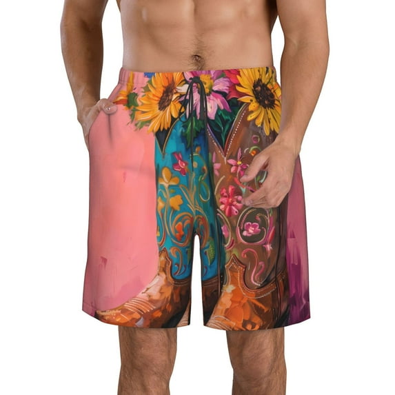 Cauagu Cowboy Boots With Flowers Print Men's Swim Trunks,Hawaiian Bathing Suit Swimsuits Beach Shorts with Pockets for Men Quick Dry Swimming Board Shorts-Large