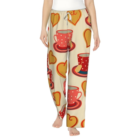 Cauagu Cups of Tea Pajama Pants for Women Loose Fit Wide Leg Trouser Pants Casual Elastic Waist Drawstring Lounge Pants