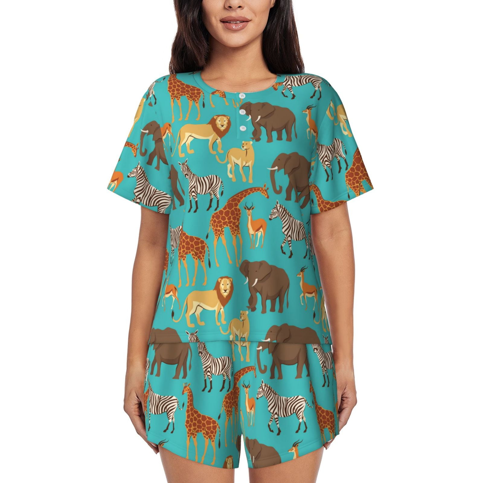 Cauagu Cute Animals for Women's Round Neck Pajama Set,Short-Sleeved ...