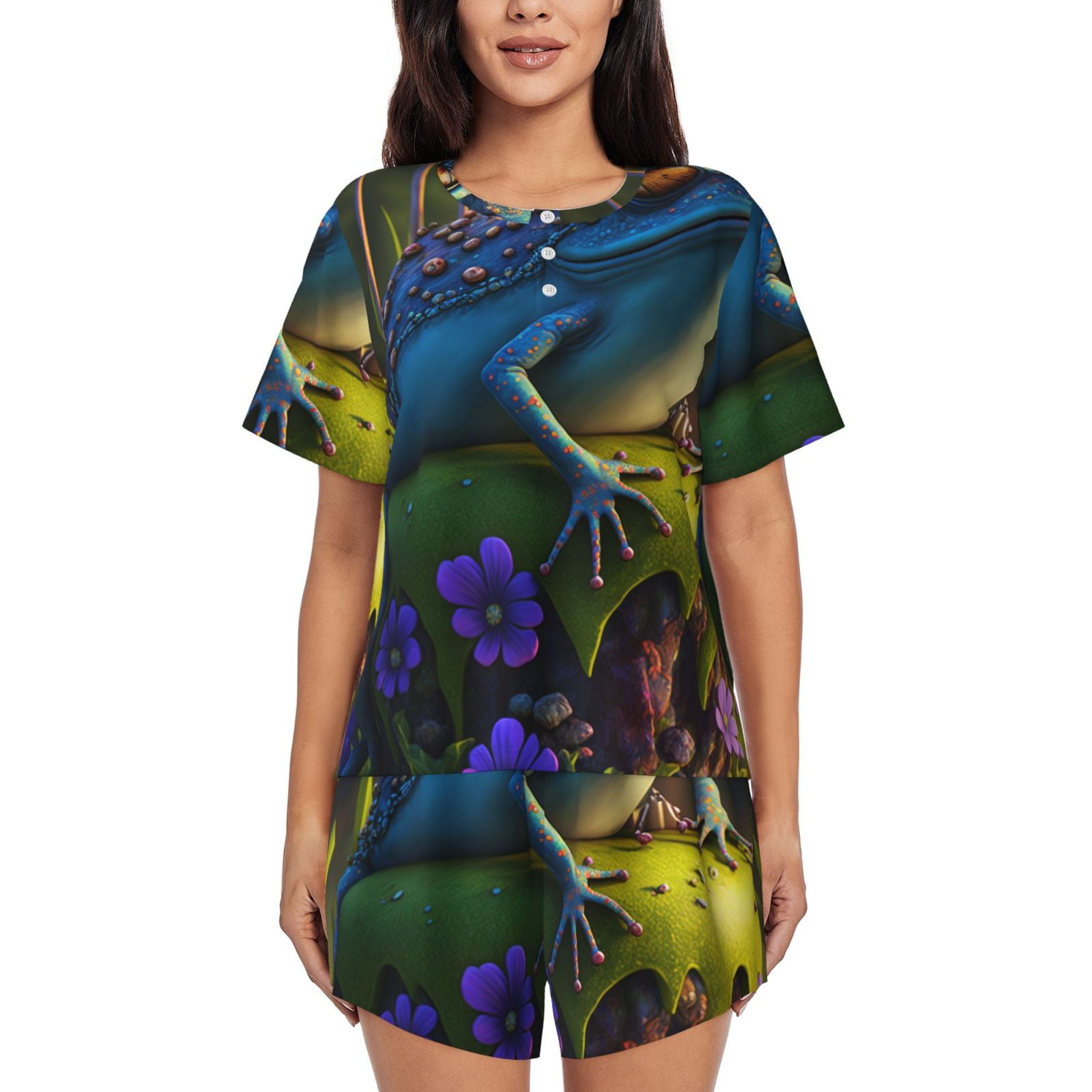 Cauagu Cute Blue Frog for Women's Round Neck Pajama Set,Short-Sleeved ...