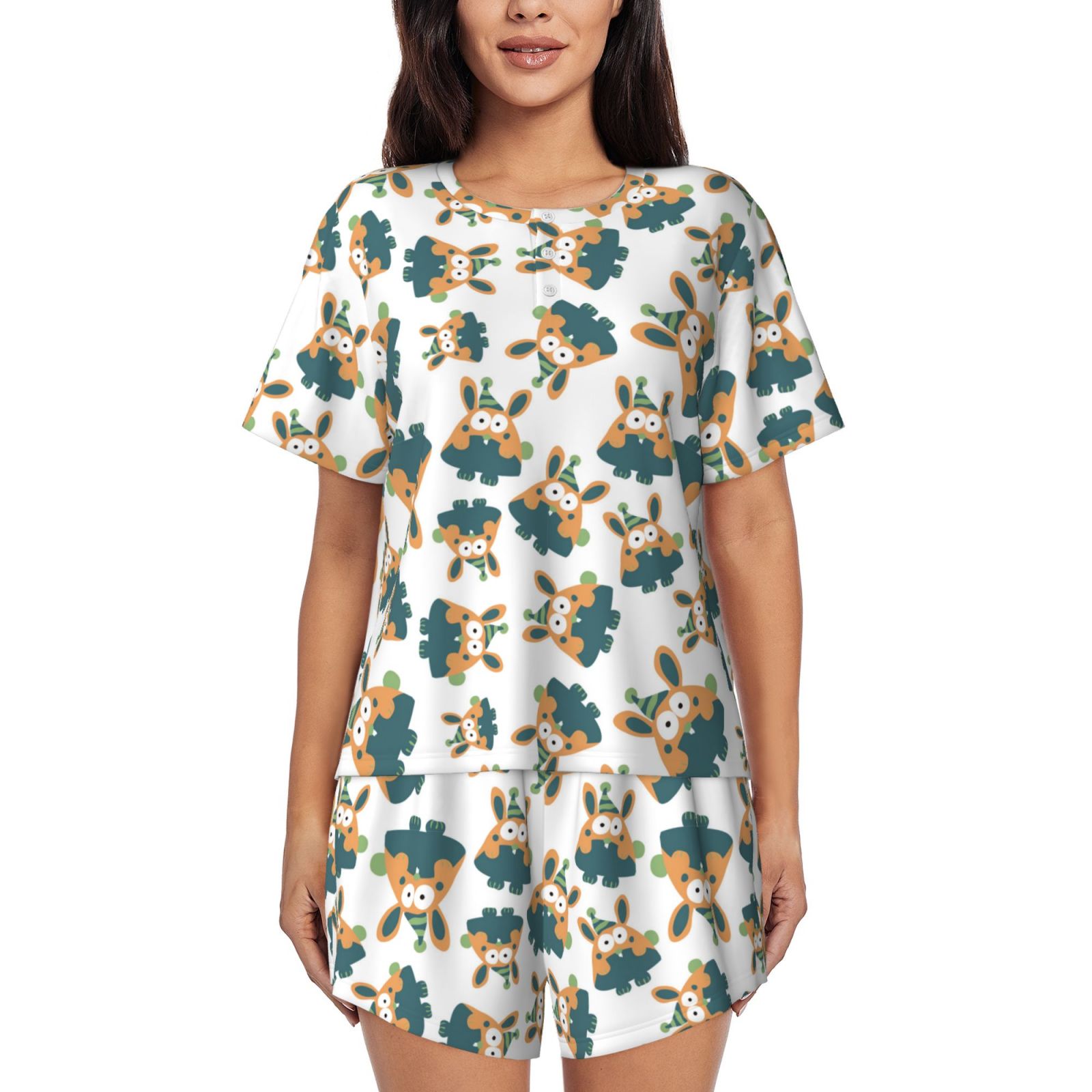 Cauagu Cute Bunny for Women's Round Neck Pajama Set,Short-Sleeved ...