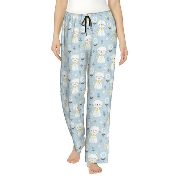 Cauagu Cute Cat Pajama Pants for Women Loose Fit Wide Leg Trouser Pants Casual Elastic Waist Drawstring Lounge Pants