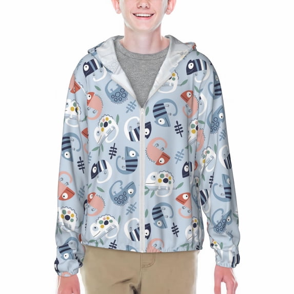 Cauagu Cute Chameleons On Blue Print Sun Protection Jacket for Teen,Full-Zipper Long Sleeve Sun Shirts with Pockets UV Hoodie Shirts Outdoor Athletic Jacket-X-Large