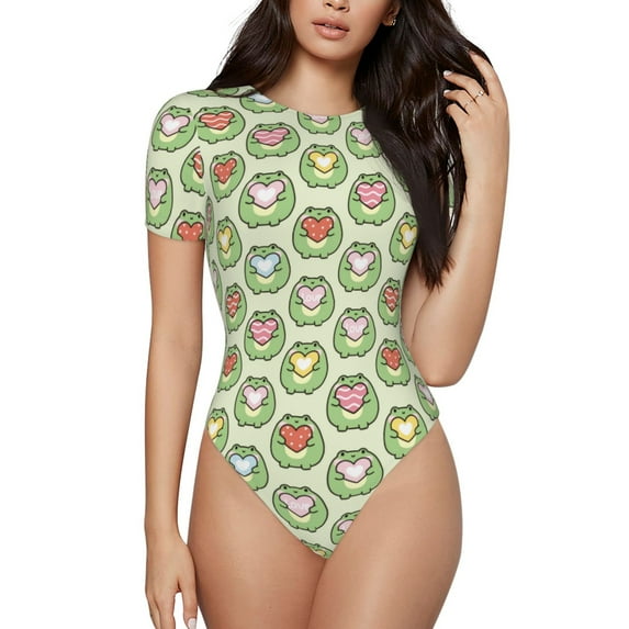 Cauagu Cute Chubby Frog Women's Crew Neck Round Short Sleeve T Shirts Tops Bodysuit Daily Jumpsuit-Small