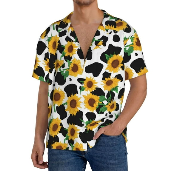 Cauagu Cute Cow Print Sunflower C Men's Short Sleeve Button Down Hawaiian Shirt for Men Bowling Shirts Casual Summer Beach Shirt,Small