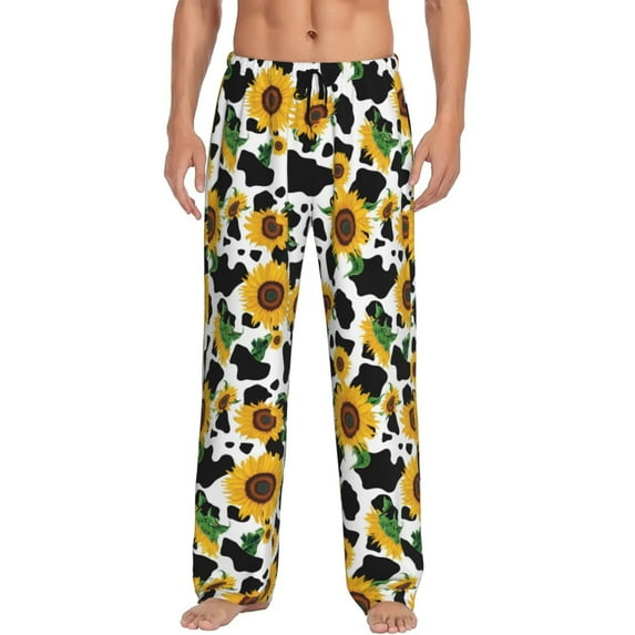 Cauagu Cute Cow Print Sunflower D Mens Pajama Pants Sleep & Lounge Pants,PJ Bottoms with Pockets-Large