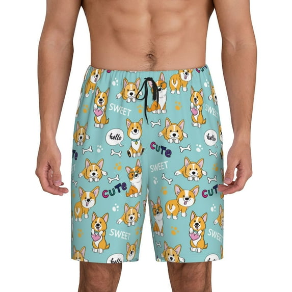 Cauagu Cute Dogs Corgi Print Pajama Bottoms for Men Sleep Pajama Shorts Elastic Waistband Sleep Pajama Short Men's PJ Shorts -Large