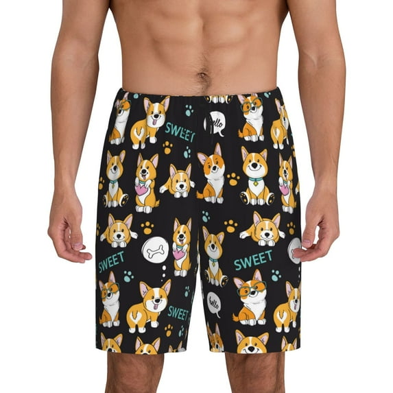 Cauagu Cute Dogs Corgi Print Pajama Bottoms for Men Sleep Pajama Shorts Elastic Waistband Sleep Pajama Short Men's PJ Shorts -Medium