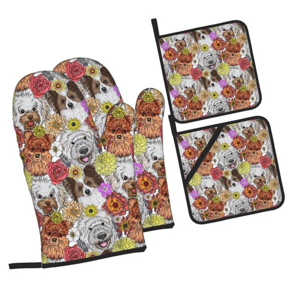 Cauagu Cute Dogs Puppy Print Oven Mitts and Pot Holders 4 pcs Set,Extra Thicken Long Kitchen Oven Glove Potholders BBQ Gloves-Oven Mitts and Pot Holders(11 Inch)