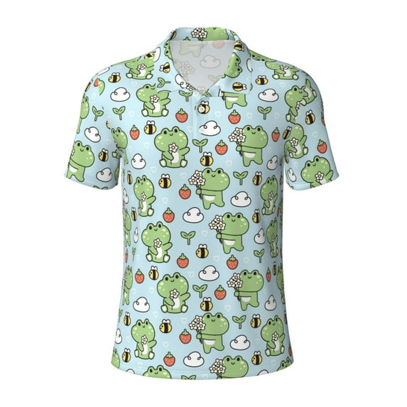Cauagu Cute Floral Frog Print Men's Polo Shirts, Short-Sleeve Polo Shirts for Men Performance Golf Shirt Athletic Casual Collared T-Shirt-4X-Large