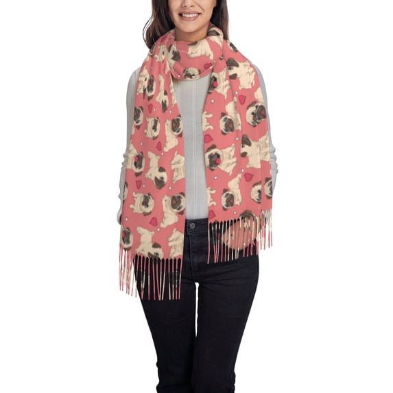 Cauagu Cute French Bulldog Print Women Wrap Shawl tassels Scarves Retro Scarf 77.6"X28.3"
