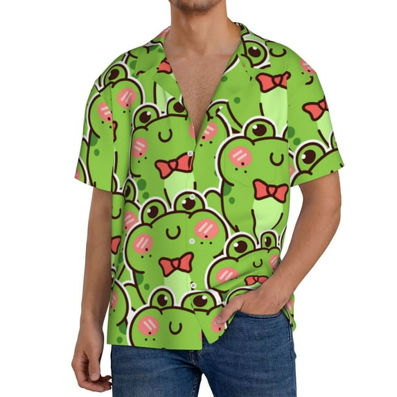 Cauagu Cute Green Frog Men's Short Sleeve Button Down Hawaiian Shirt for Men Bowling Shirts Casual Summer Beach Shirt,3X-Large