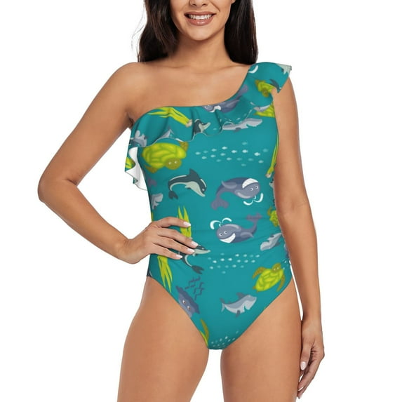 Cauagu Cute Shark Turtle Print Women's Sexy One Piece Swimsuits One Shoulder Ruffle Tummy Control Bathing Suit Slimming Swimwear-XX-Large